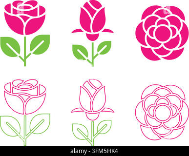 Stilisierte Rosenblumenillustrationen, Grafikdesign-Elemente für Einladungskarten, moderne minimalistische Blüte-Vektoren für Apps. Stock Vektor