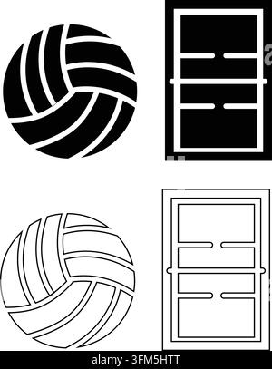 Sportzubehör-Set mit Volleyball-Spielbällen und Top-Down-Planspielen. Minimalistische monochromatische Sportgrafiken. Stock Vektor