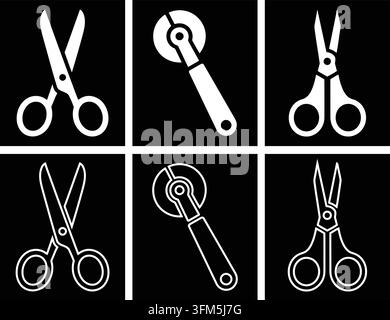 Umfassendes Symbolset mit scharfen Scheren und kreisförmigen Klingen für Näharbeiten und künstlerische Designanwendungen. Stock Vektor