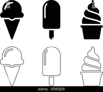Sechs klassische Eis-Symbole mit Soft-Serve-Cone-Popsicle- und Cup-Designs in kräftigem Schwarz und klaren Umrissformaten. Stock Vektor