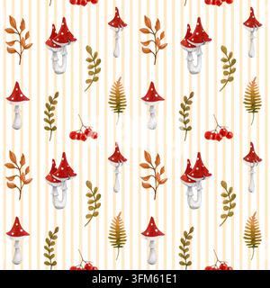 Nahtloses Muster mit Herbstwaldlaub, Pilzen, Beeren, Blättern in Aquarellillustration auf gestreiftem Hintergrund. Handgemaltes Muster für Stockfoto