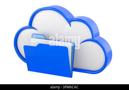 Cloud-Speicher mit Ordner und Dateien, Online-Backup und Datenmanagement-Konzept. 3D-Rendering isoliert auf weißem Hintergrund Stockfoto