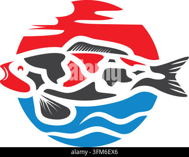 Koi-Fisch-Sonne- und Wellen-Logo-Ikon-Vektor-Element-Design-Vorlage-Web Stock Vektor
