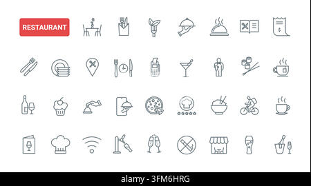 Restaurant-Essens- und Gastromsymbole, die Menü, Tischbuchung, Mitnahme, Getränke, Koch, Lieferung und Gastfreundschaft für Branding-Rot-Schwarz-Linienikonen-Set-Vektorillustration abdecken Stock Vektor