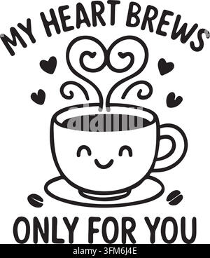 Niedliche Kaffeetasse mit Herzdampf-Illustration Vector, Kaffeetassen-T-Shirt Stock Vektor