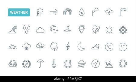Wettersymbole für Vorhersage-Apps, Klimadashboards, Saisonberichte und Meteorologie-Schnittstellen, die Sonne, Regen, Wind, Sturm und Temperatursymbole zeigen, schwarze Linienicons, Satz Vektorillustration Stock Vektor
