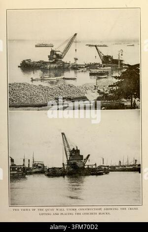 Historische Illustration aus „The Trade of the Amazon, and the Port of Para“, veröffentlicht in The Engineering Magazine, 1909–1910. Zwei Ansichten zeigen eine Kaiwand im Bau am Hafen von Para, Brasilien, mit Kränen, die Betonblöcke unterhalb von Barken und Schiffen auf dem Amazonas heben und platzieren. Stockfoto