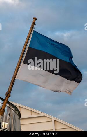 Die blau-schwarz-weiße Flagge Estlands weht an einem verwitterten Mast vor einem dramatischen bewölkten Himmel in Tallinn Stockfoto