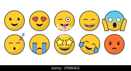 Emoji-Set lächelndes Gesicht Emoticon glücklich traurig wütend Vektor Stock Vektor