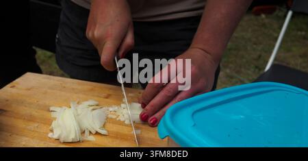 Frau schneidet weiße Zwiebel auf Holzschneidebrett Stockfoto