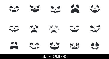 Set verschiedener Jack-Gesichter für Halloween-Kürbis. Oktoberferien. Herbstgesichtsicons. Stock Vektor