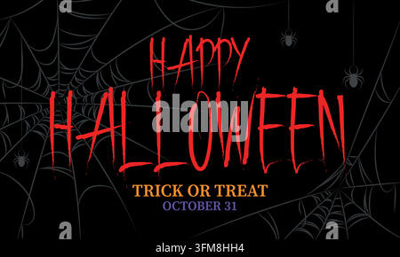 Frohes Halloween mit Spinnen und Netz auf einem dunklen Hintergrund. Stock Vektor