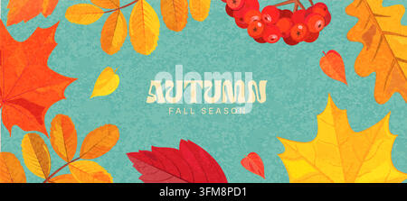 Herbstliches saisonales strukturiertes Banner mit bunten Blättern, 3D-Rabenbeeren in Herbstfarben. Herbstlaub zur Dekoration saisonaler Verkäufe, Werbung, Branding, Promotion. Perfekt für Drucke, Marketing, Cover. Vektor Stock Vektor