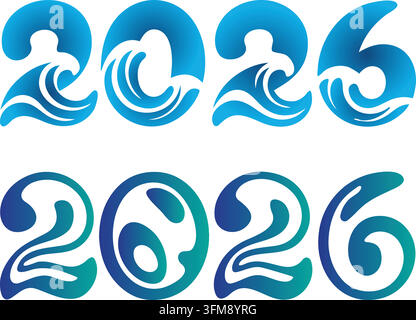 Stylische 2026 Neujahrs-Zahlen-Vektor-Design-Sammlung, Wasserwellen-Effekt-Thema. Stock Vektor