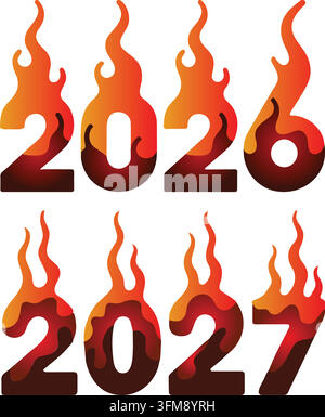Brennender Feuereffekt Jahre 2026 und 2027 Neujahrs-Vektordesign-Set. Stock Vektor