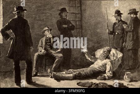 Eine Radierung, die den amerikanischen Abolitionisten John Brown (1800–1859) zeigt, wie er nach seinem gescheiterten Überfall auf die Bundeswaffenfabrik verwundet im Maschinenhaus in Harpers Ferry, Virginia, liegt. Nach seinem Versuch, eine bewaffnete Sklavenrevolte zu initiieren, indem er die Bundeswaffenfabrik im Oktober 1859 eroberte, wurde Brown von den United States Marines gefangen genommen und anschließend wegen Hochverrats, Mordes und Aufrufs zur Rebellion angeklagt. Er wurde für schuldig befunden und am 2. Dezember 1859 durch Erhängen hingerichtet und wurde so zum Märtyrer der Abolitionistenbewegung in der Zeit vor dem amerikanischen Bürgerkrieg. Diese Illustration wurde von The Century Mag veröffentlicht Stockfoto