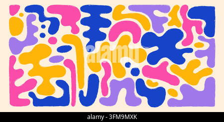 Abstrakter farbenfroher organischer Formenhintergrund, kräftige geometrische Flecken, geschwungene wellige Formen, trendige moderne Komposition mit rosa, blauen, gelben, lila Elementen auf beigem Hintergrund Vektorillustration Stock Vektor