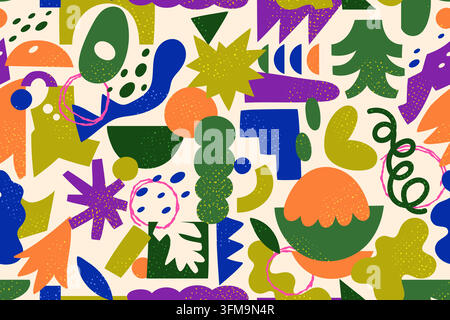 Kühnes abstraktes Kollage-Muster mit organischen Flecken, Blättern, Kringeln, Punkten und geometrischen Formen in Blau, Grün, Lila, Orange, Rosa auf cremefarbenem Hintergrund, nahtlose Vektorillustration Stock Vektor