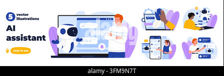 Sammlung von Szenen, die einen KI-Assistenten-Chatbot auf Laptop- und Mobilbildschirmen mit Benutzern, Nachrichten, Automatisierung, Kundensupport, Zusammenarbeit und digitalen Kommunikationstools zeigt, Vektorillustration Stock Vektor