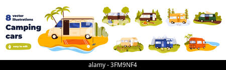 Sammlung von acht Wohnmobilen und Wohnwagen, die in Strand-, Wald- und Bergumgebungen mit Zelten, Stühlen, Lagerfeuer und Reisedetails in einer flachen Cartoon-Vektorillustration geparkt sind Stock Vektor