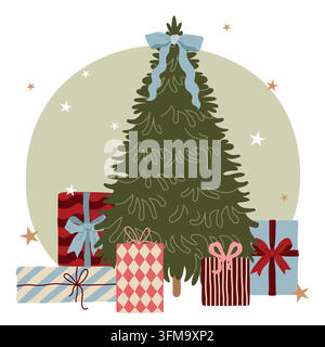Handgezeichneter Weihnachtsbaum und Geschenke Winterurlaub-Komposition für Verpackungen, Neujahrsgrußkarten, Poster Stock Vektor