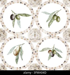 Olzweig mit Mosaik-Muster ohne Naht mit kreisförmigen botanischen Motiven und Steindetails auf isoliertem Hintergrund. Wasserfarben-Wiederholung für Etiketten Stockfoto