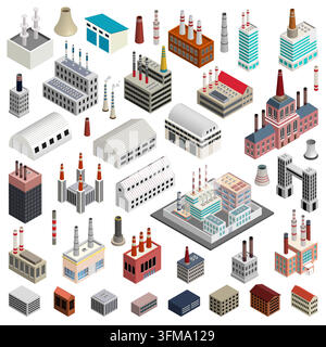 Isometrische Symbolsammlung für Industriegebäude und Fabriken. 3D-Elemente zur Darstellung von Produktionsstätten, Lagerhallen und Kraftwerken als Vektorgrafik. Stock Vektor