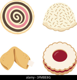 Eine bezaubernde Dessertillustration mit verschiedenen gebackenen Leckereien, darunter ein Spiralkeks, ein Kokosstil-Keks, ein Glückskeks und ein mit Marmelade gefüllter Keks Stock Vektor