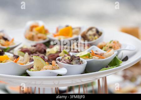 Teller mit eleganten Meeresfrüchten und Gourmet-Vorspeisen, perfekt für eine Party oder ein Buffet Stockfoto