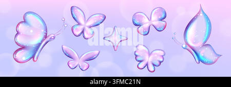 Glänzende irisierende Schmetterlinge und Stern-Chrome-Aufkleber. Funkelnde Chrome-3D-Symbole mit Glitzer. Y2K-holografische Elemente mit magischer violetter Textur. Vektor-Set isoliert auf pastellfarbenem Hintergrund Stock Vektor