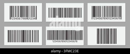 Barcode-Vektor-Icons mit Seriennummer und Preisschild, realistisches Vektordesign isoliert auf Hintergrund. Schwarz-weiß-Datenliniencode für Produktidentifikation, Einzelhandelsverpackung, Supermarktaufkleber Stock Vektor