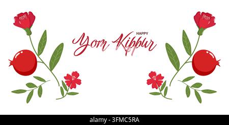 Dekorative Yom-Kippur-Grußkarte mit "Happy Yom Kippur"-Text in roter Schrift, umrahmt von symmetrischen Granatäpfeln, Blumen und grünen Blättern. Elegant d Stockfoto