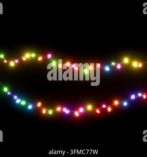 Bunte Weihnachtslichterketten leuchten vor einem dunklen Hintergrund 3D-Illustration Stockfoto