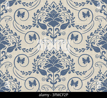Blauer floraler Damast und Schmetterlingsmuster mit Leinenstruktur. Vintage nahtloses Ornament mit sich kräuselndem Laub auf strukturiertem Beige. Dekorativer Vektor Stock Vektor