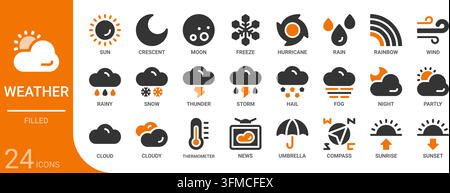 Wettergefüllte Glyph-Symbol-Sammlung für Web, App, UI, UX, Dashboard, Präsentation und Infografikdesign Stock Vektor