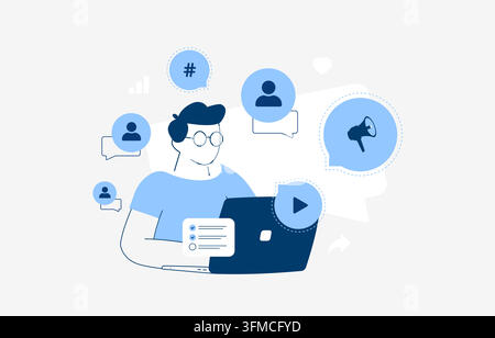 Community-Management für Zielgruppenbindung und Markenkommunikation. Zielgruppeninteraktion, Kundensupport und Social Listening für digitale Gemeinschaften, Vektorillustration. Stock Vektor