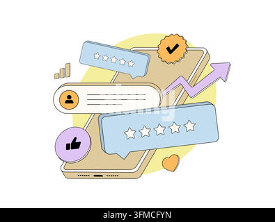 Social-Media-Kundenfeedback für Zielgruppenmeinungen, Bewertungen und Markenwahrnehmung. Kundenfeedbackanalyse, Social Listening und Reputationsmanagement für digitales Marketing, Vektorillustration. Stock Vektor