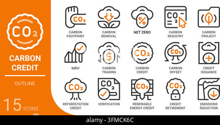Carbon-Credit-Umriss-Ikonensammlung für Web, App, UI, UX, Dashboard, Präsentation und Infografie sowie Druckdesign Stock Vektor