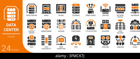 Sammlung von Glyphensymbolen für Rechenzentren für Web, App, UI, UX, Dashboard, Präsentation und Infografik und Printdesign Stock Vektor