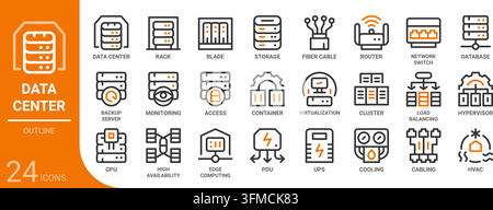 Data-Center-Umriss-Ikonensammlung für Web, App, UI, UX, Dashboard, Präsentation und Infografik und Printdesign Stock Vektor