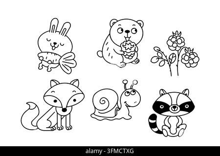Niedliches Kawaii-Waldtier-Doodle-Vektor-Ikonen-Set. Süße Waldwildtier-Charakter-Linienkunst-Cartoon-Illustration. Sommer-Natur-Aufkleber für Kinder Stock Vektor