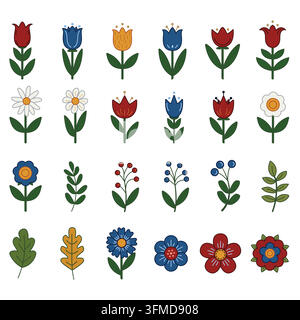 Volksblumen-Set Ornamentenelemente Stock Vektor