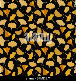 Gelbe Ginkgo-Biloba-Blätter Nahtloses Muster auf schwarzem Hintergrund. Stockfoto