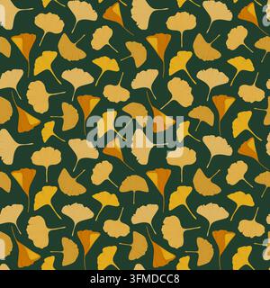 Gelbe Ginkgo-Biloba-Blätter Nahtloses Muster auf dunkelgrünem Hintergrund. Stockfoto