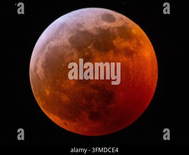 Ansicht des Mondes während einer totalen Mondfinsternis mit einem rötlichen Schimmer vor dem dunklen Nachthimmel in Kanada. Stockfoto