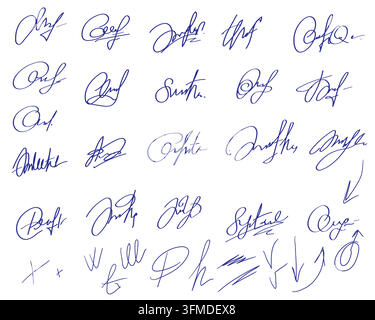 Signaturen und Autogramme. Satz verschiedener handgeschriebener Schriftarten, Pfeile und Häkchen, die an persönliche oder geschäftliche Autogramme erinnern. Alle Signaturen a Stock Vektor