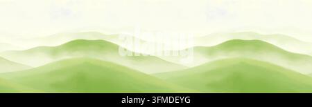 Eine ländliche Landschaft im Sommer oder Frühling mit Hügeln unter blauem Himmel und Wolken. Digitale Aquarellabbildung. Nahtloser Hintergrund, Ansicht des Laubs Stockfoto
