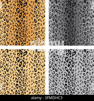 Vektor-Set mit vier verschiedenen nahtlosen Mustern von Leoparden-, Jaguar-Haut. Orange- und grauer Hintergrund mit Flecken von Wildtieren Stock Vektor