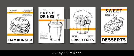 Fast-Food-Menü-Poster. Monochrom handgezeichnete Burger-, Getränke-, Pommes- und Dessertkarten, Café-Werbe-Typografie-Design. Streetfood-Takeaway-Snack. Vektor-minimale flache Stil-Isolationsillustration Stock Vektor