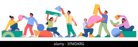 Schöpfungsteam. Menschen bauen, organisieren Gruppenarbeit oder Charakterkommunikation mit geometrischem Aufbau. Glückliche Männer und Frauen teamworken. Spielerische Stimmung Banner. Vektor-Cartoon-Flachstil isoliertes Konzept Stock Vektor